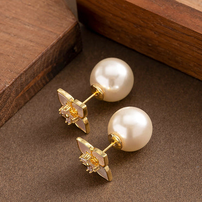 Delicate Shell Clover Pearl Earrings Elegant Silver Studs