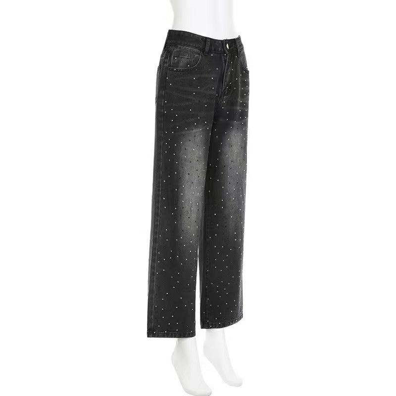 Distressed Washed Rhinestone Loose Jeans