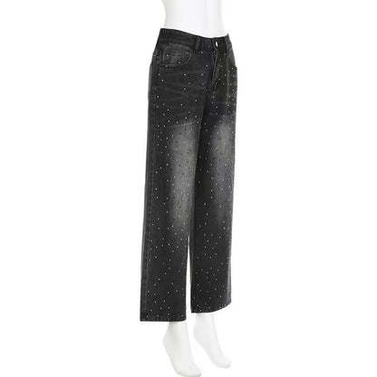 Distressed Washed Rhinestone Loose Jeans