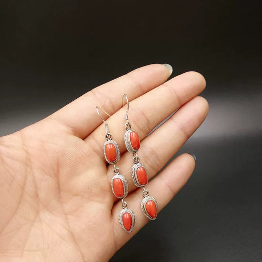 Niche Nepalese Style Handmade Jewelry Coral Stone Fashion Women'S Tibetan Style Personality Creative Retro Ethnic Style Earrings