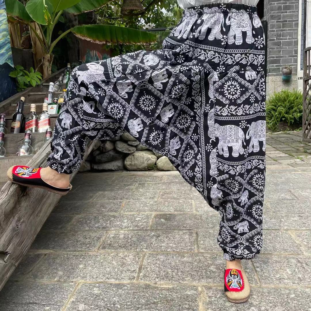 Ethnic Style Summer Men'S And Women'S Same Large Crotch Pants Cotton And Linen Printed Casual Lantern Trousers