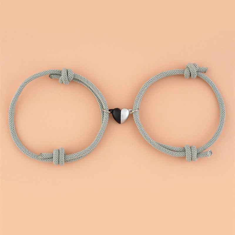 Fashionable Black And White Heart-Shaped Magnetic Buckle Milan Rope Braided Couples Girlfriends Bracelet Adjustable Bracelet