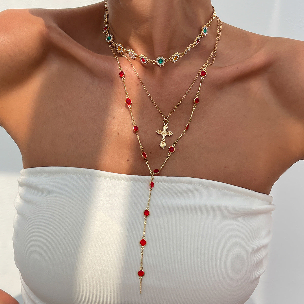 Hip Hop Cross Pendant Necklace With Imitation Pearl Chain