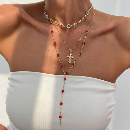 Hip Hop Cross Pendant Necklace With Imitation Pearl Chain