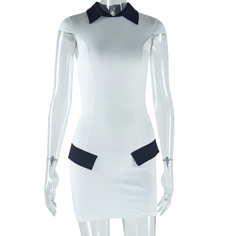 Solid Color Short Sleeve Dress With Contrast Pockets