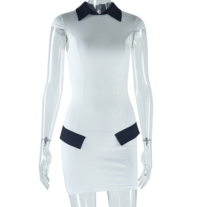 Solid Color Short Sleeve Dress With Contrast Pockets
