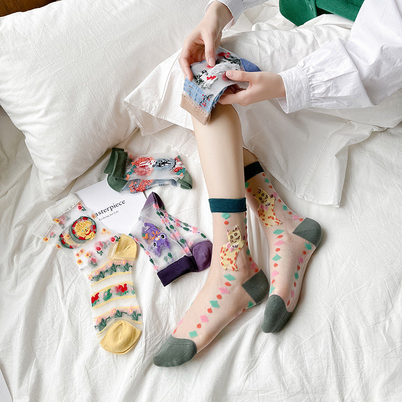Rufia - Whimsical Cartoon Patterned Sheer Socks