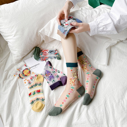 Rufia - Whimsical Cartoon Patterned Sheer Socks