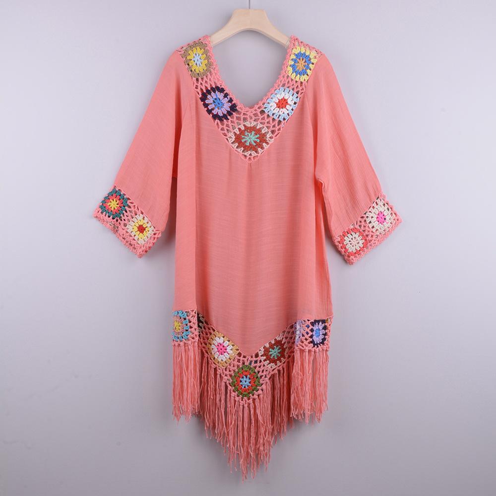 New Off The Shoulder Half Sleeve Hook Pattern Stitching Irregular Tassel Beach Cover Up Shirt Ethnic Style Dress