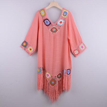 New Off The Shoulder Half Sleeve Hook Pattern Stitching Irregular Tassel Beach Cover Up Shirt Ethnic Style Dress