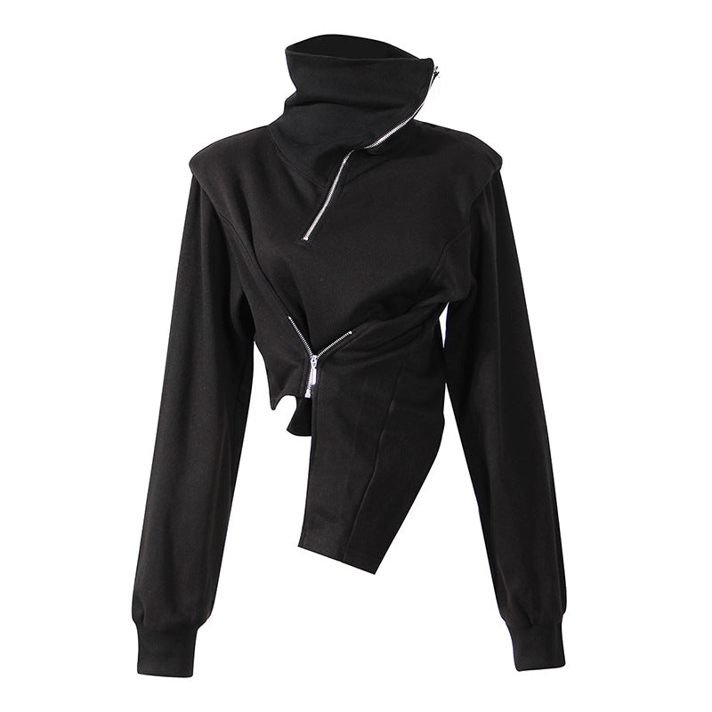 High Neck Cropped Sweatshirt With Asymmetric Hem
