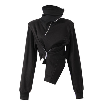 High Neck Cropped Sweatshirt With Asymmetric Hem