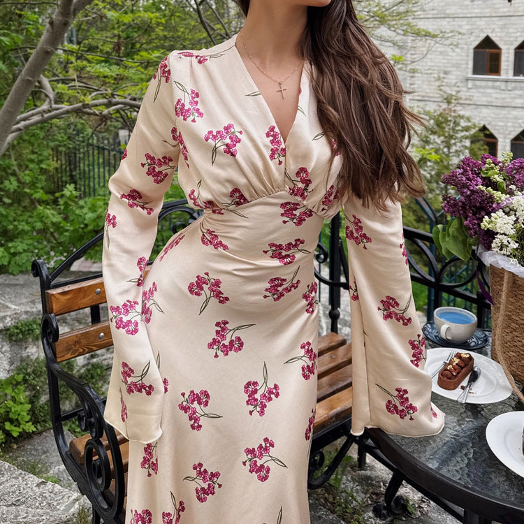 Elegant Floral Print Satin Maxi Dress with V-Neck and Long Sleeves