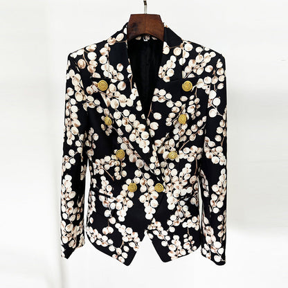 Metallic Snail Button Blazer With Floral Print Trousers
