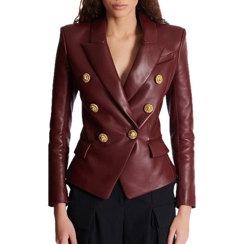Burgundy Pu Leather Blazer Elegant Chic Jacket