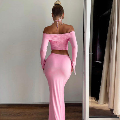 Elegant Fitted Off-Shoulder Long Sleeve Top and Skirt Set