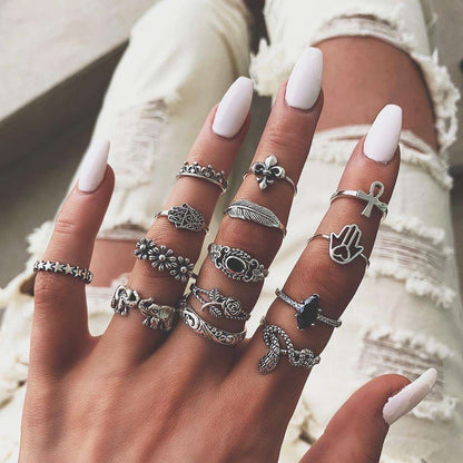 Vintage Geometric Ring Set With Black Stone