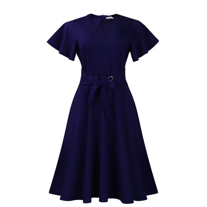 Elegant Solid Color V-Neck A-Line Dress With Tie Detail