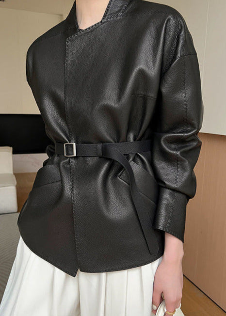 Faux Leather Belted Jacket With Wrap Silhouette