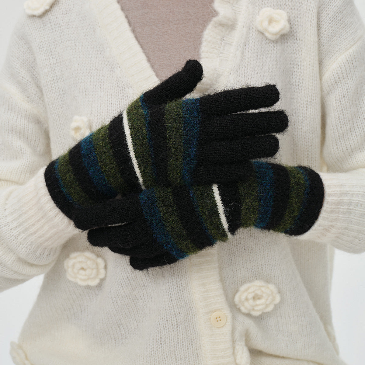 Rainbow Striped Knit Gloves Warm Casual Wool Blend Mittens