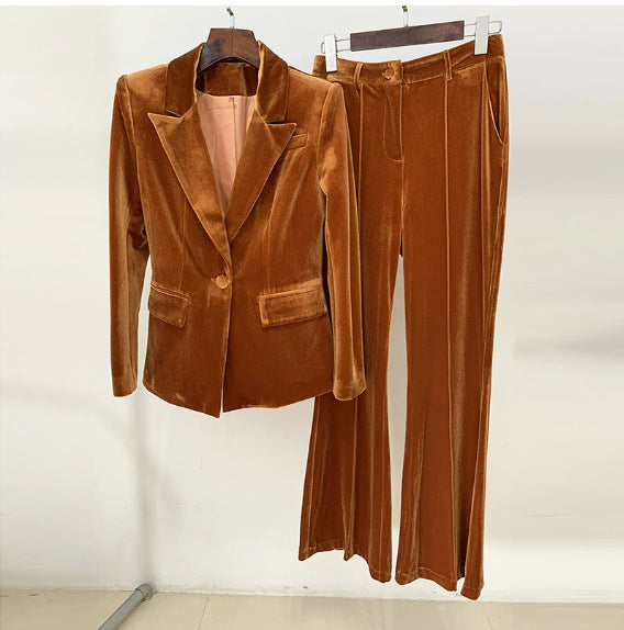 Elegant Velvet Suit Jacket And Fitted Flare Pants Set