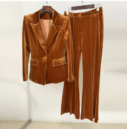 Elegant Velvet Suit Jacket And Fitted Flare Pants Set