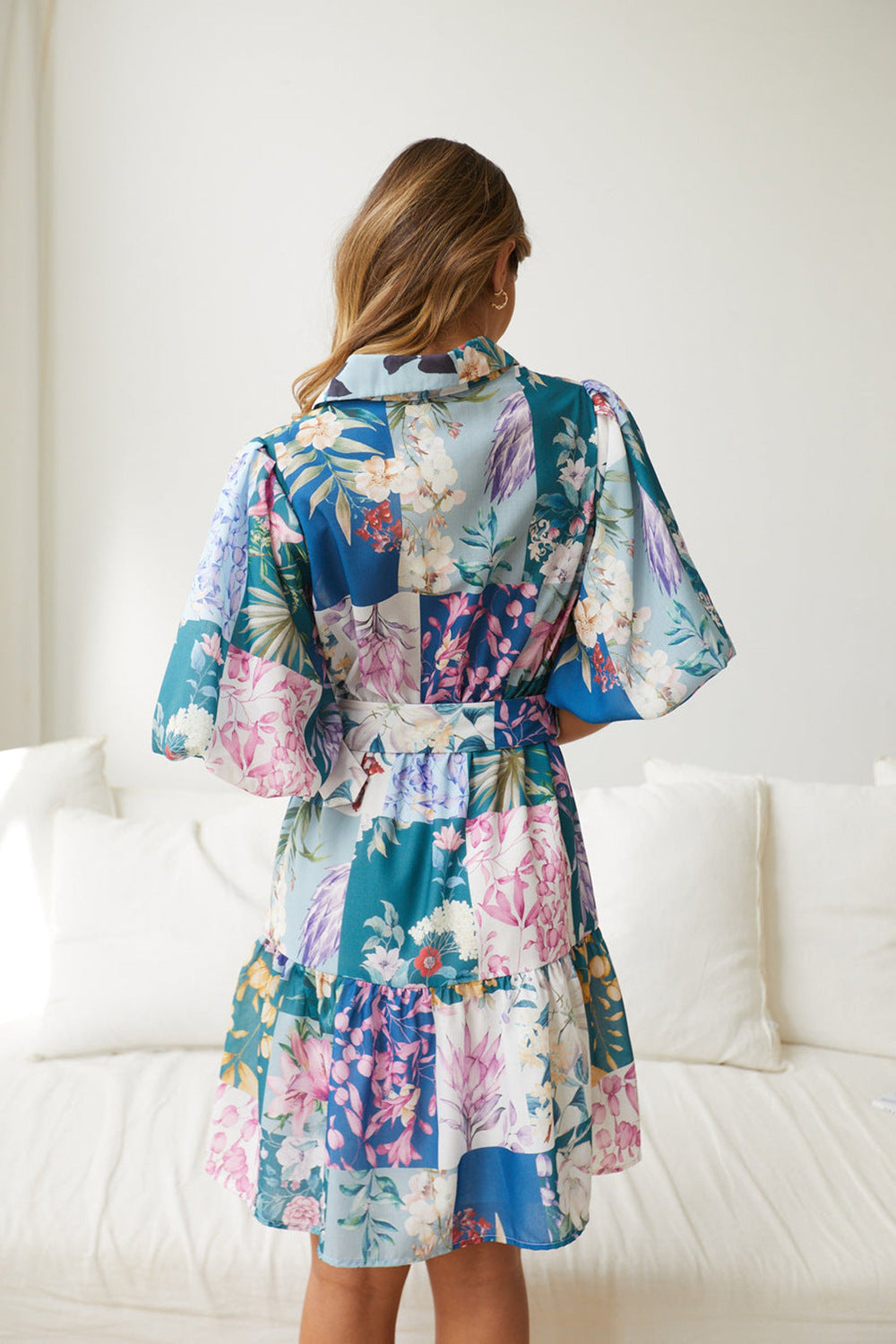 Bohemian Printed Short Skirt Lantern Short Sleeved Belt Single Breasted A-Line Dress