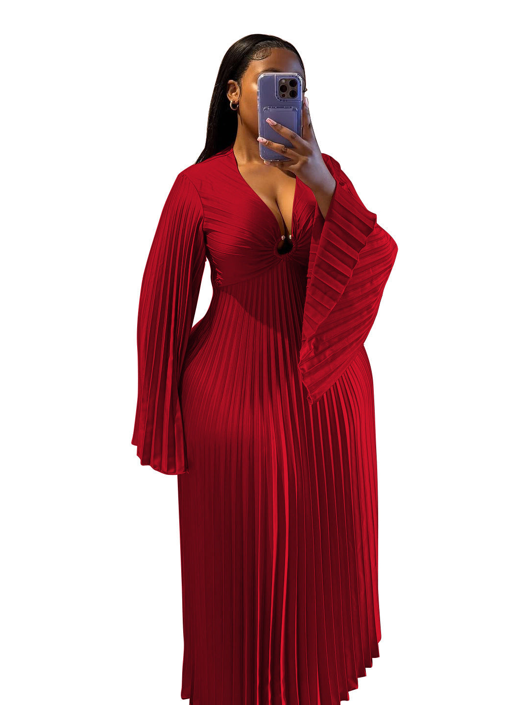 Elegant Solid V-Neck Long Sleeve Dress For Women