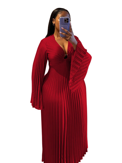 Elegant Solid V-Neck Long Sleeve Dress For Women