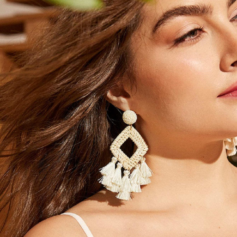 New Vintage Rattan Tassel Earrings Earrings Bohemian Handmade Raffia Earrings