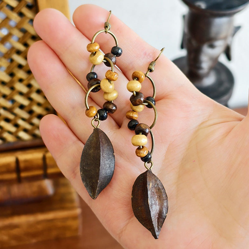 Botanical Pattern Wooden Bead Dangle Earrings