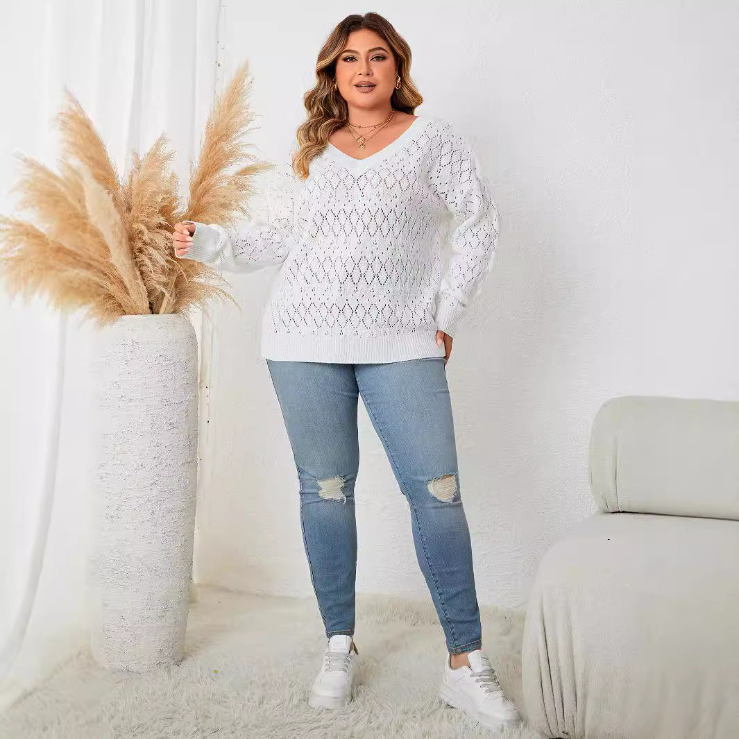 Oversized Hollow V-Neck Knit Sweater For Plus Size Women