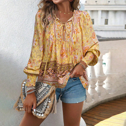 Bohemian Print Long Sleeve Cotton Blouse for Women