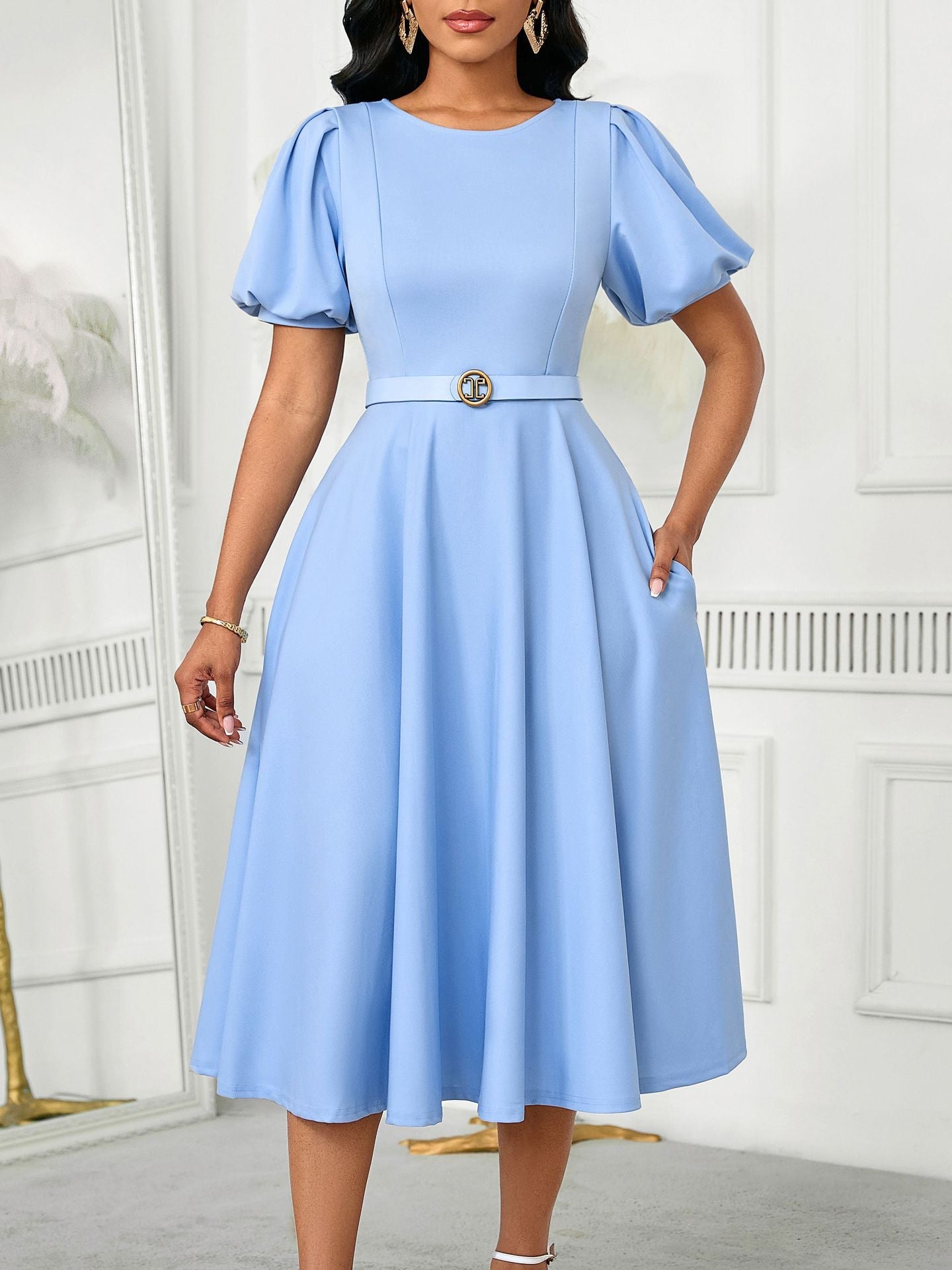 Elegant High-Waist A-Line Dress With Puff Sleeves