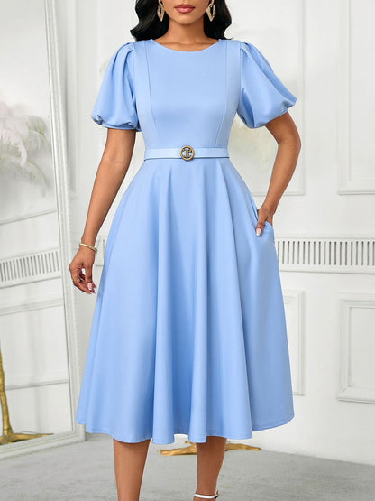 Elegant High-Waist A-Line Dress With Puff Sleeves