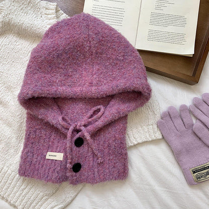 Solid Color Button One-Piece Hat & Scarf