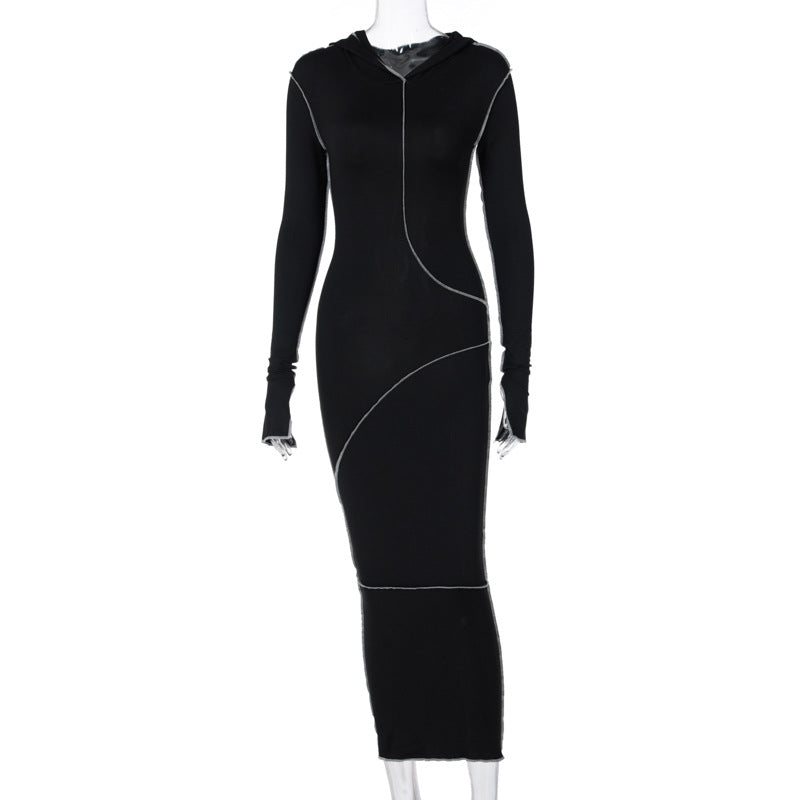 Hooded Long Sleeve Bodycon Dress Casual Solid Color