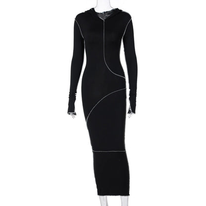 Hooded Long Sleeve Bodycon Dress Casual Solid Color