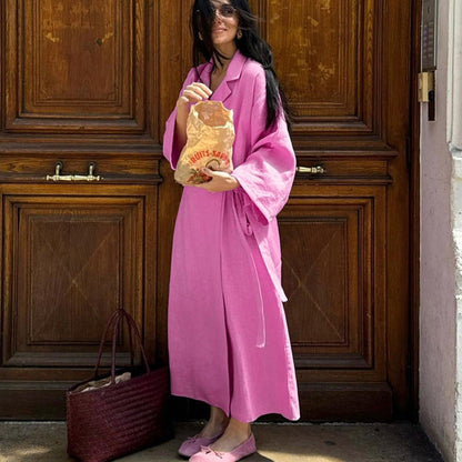 Pink Cotton Long Sleeve Tie Waist Maxi Dress