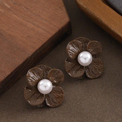 Chic Klein Blue Floral Pearl Earrings With Silver Pins