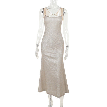 Elegant Sparkling Strap Dress for Women, Slim Fit Long Dress