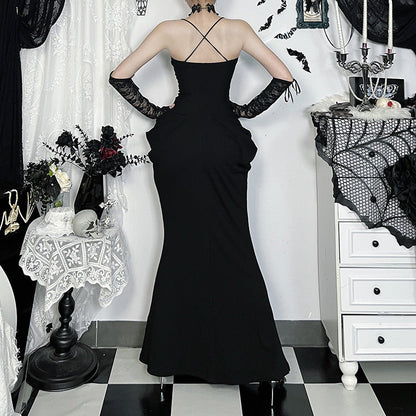 Black Lace Maxi Dress Sleeveless Gothic Style