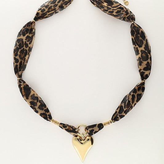 Trendy Heart Pendant Leopard Scarf Necklace