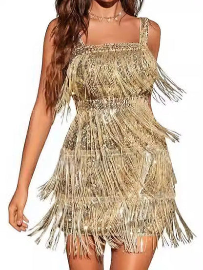 Elegant Sequin Fringe Spaghetti Strap Party Dress