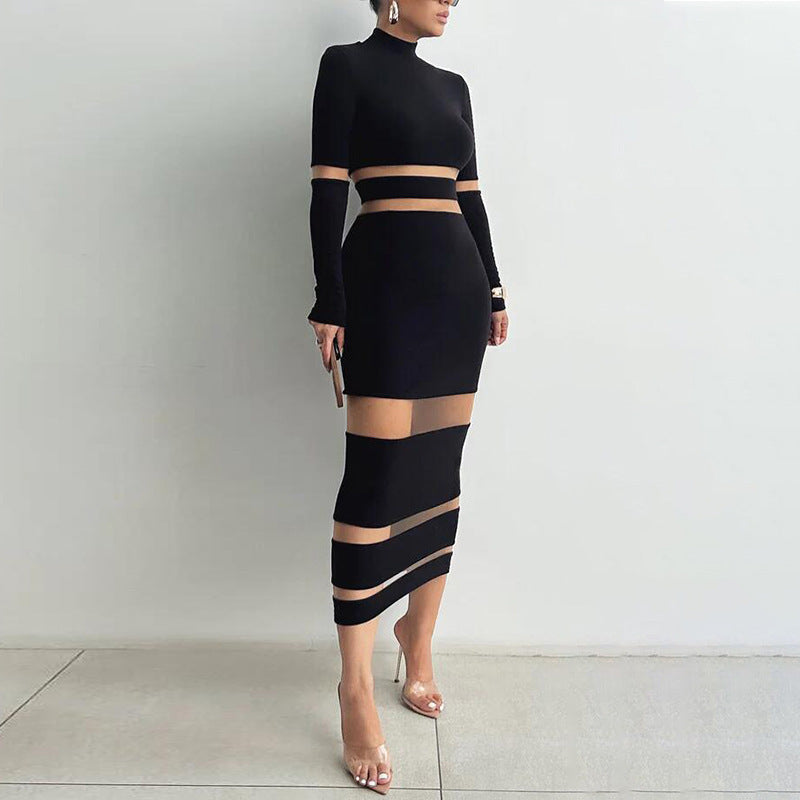 Trendy Elegant High-Neck Color Block Maxi Dress