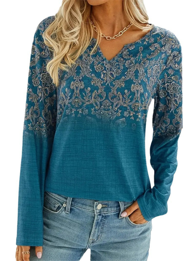 New Fashion Casual V-Neck Ethnic Style Long Sleeve T-Shirt