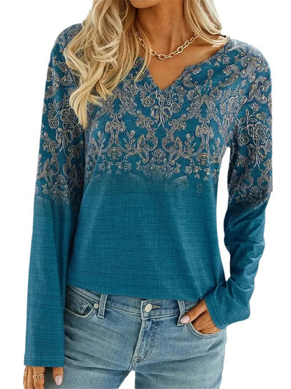 New Fashion Casual V-Neck Ethnic Style Long Sleeve T-Shirt