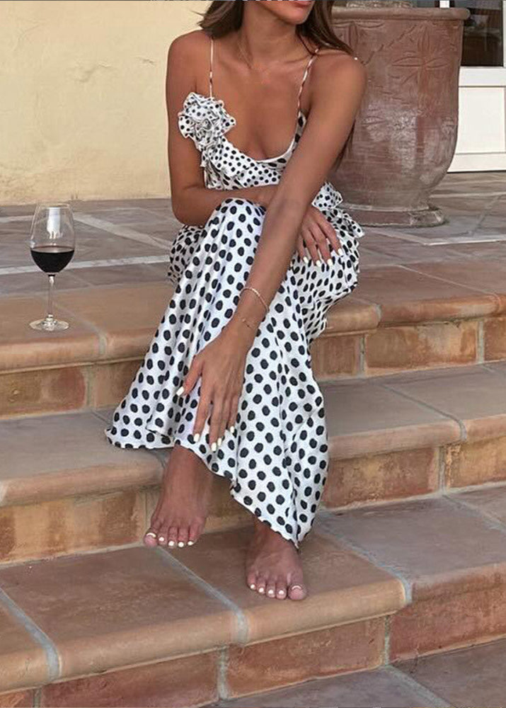 Polka Dot Satin Slip Dress With Ruffle Details