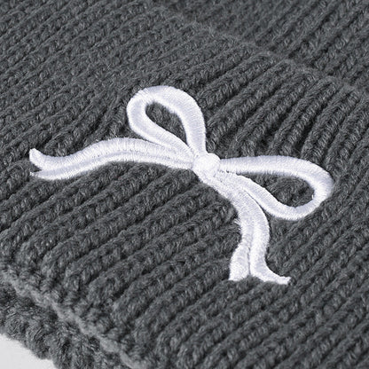 Cute Bow Embroidery Cuffed Thicken Knit Beanie