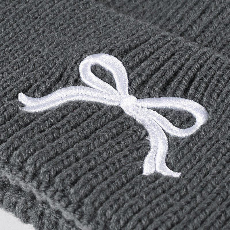 Cute Bow Embroidery Cuffed Thicken Knit Beanie